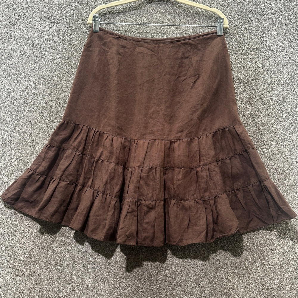 St Johns Bay Tiered Ruffle Knee Length Skirt Womens 10 Brown 100% Linen Earthy - Picture 2 of 5